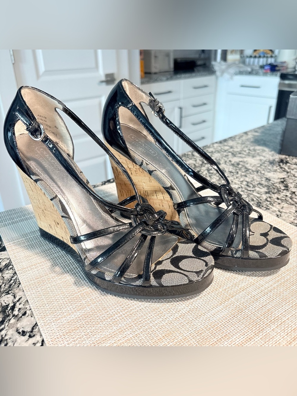 Coach Black Patent Leather Cork Wedge Sandals